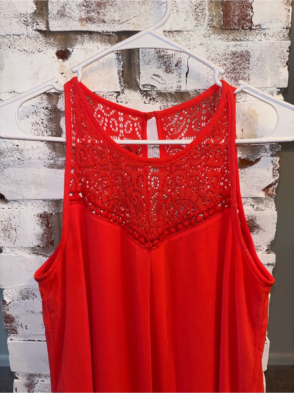 Iz Byer Coral Red Sleeveless Crochet Yoke Midi Dress - Picture 2 of 2